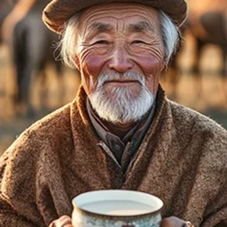 手捧驼乳的牧民场景